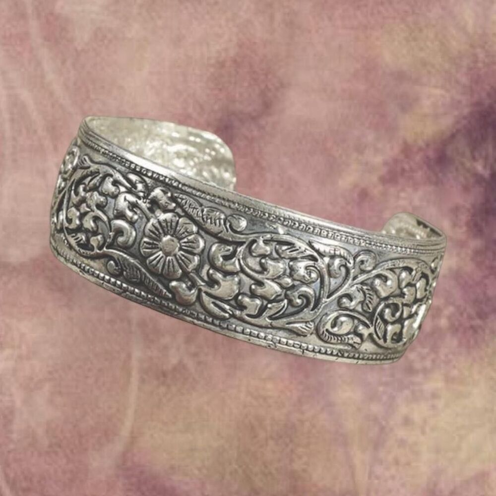 Whimsical Antique-Style Silver Cuff Bracelet